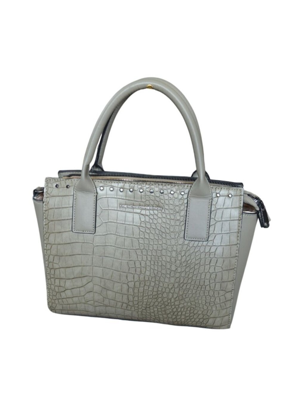 French Connection Grey Crocodile Embossed Satchel Crossbody Strap Purse Bag
